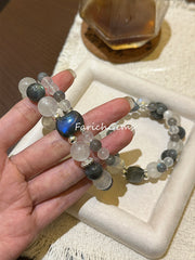 Double Wrap Blue Moonstone Labradorite Hawk's Eye Beaded Crystal Bracelet 7+12+14mm