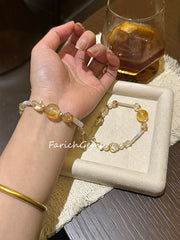 Yellow Hematoid Quartz Citrine Pearl Beaded Crystal Bracelet