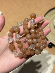 Peach Moonstone Clear Azeztulite Quartz Beaded Crystal Bracelet 11+13mm