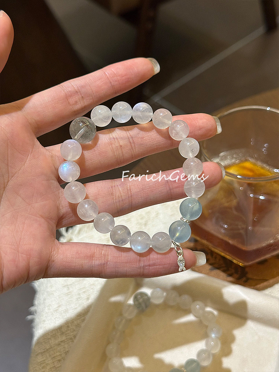 Blue Moonstone Aquamarine Green Phantom Quartz Beaded Crystal Bracelet 9+12mm