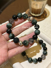 Seraphinite Silver Sheen Obsidian Black Herkimer Diamond Beaded Crystal Bracelet 11-13mm