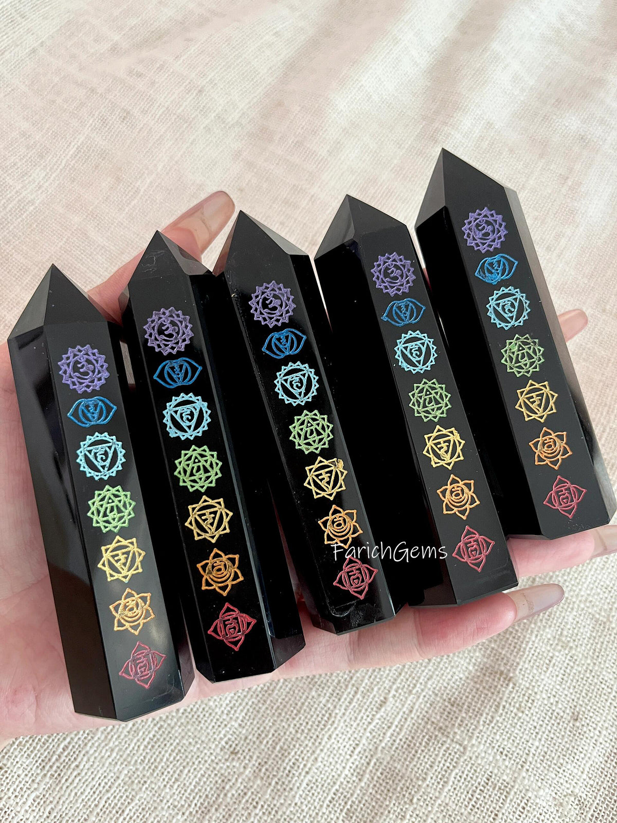 7 Chakra Black Obsidian Tower, Energy Obsidian Crystal Wand