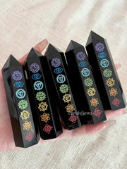 7 Chakra Black Obsidian Tower, Energy Obsidian Crystal Wand