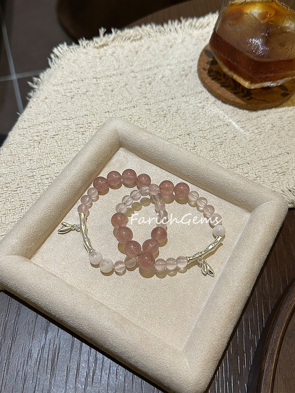 Pink Snowflake Phantom Rose Quartz Strawberry Quartz Beaded Crystal Bracelet 6+8+10mm