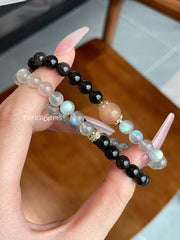 Gray Moonstone Silver Obsidian Beaded Crystal Bracelet 6+10mm