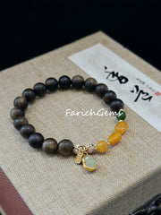 Agarwood Amber Nephrite (Hetian Jade) Beaded Crystal Bracelet 8mm
