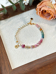 Rainbow Tourmaline Pearl Beaded Crystal Bracelet 4/6.5+4mm