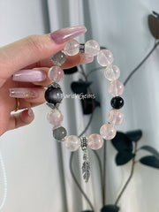 BlackPink Combo Rose Quartz Gray Moonstone Silver Obsidian Beaded Crystal Bracelet 10+12+14mm