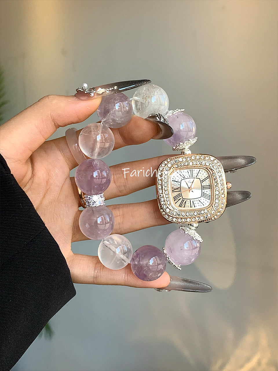Lavender Amethyst Clear Quartz White Phantom Quartz Beaded Crystal Bracelet Watch