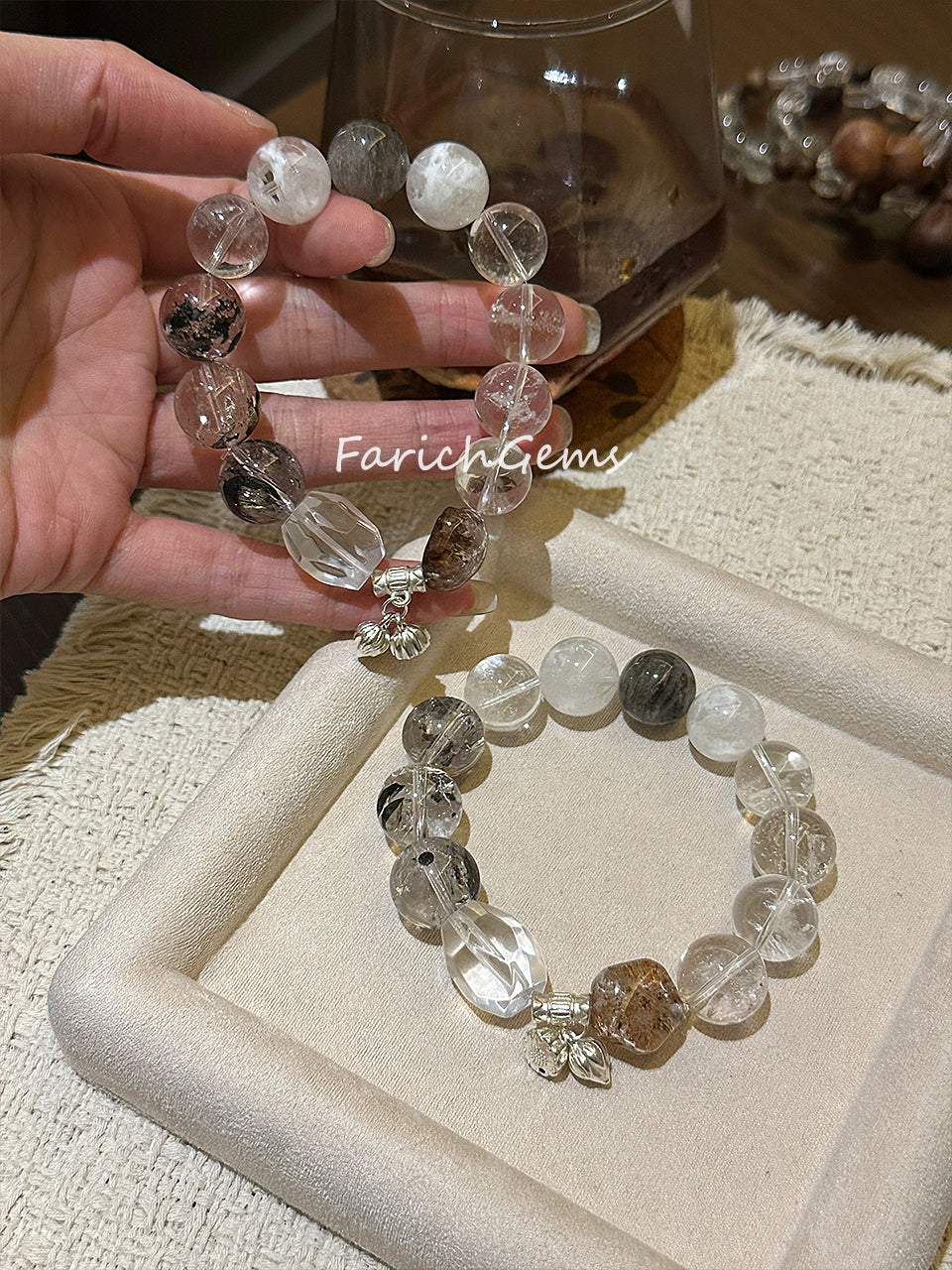 Clear Quartz Azeztulite Quartz Black Herkimer Phantom Quartz Beaded Crystal Bracelet 13-15mm