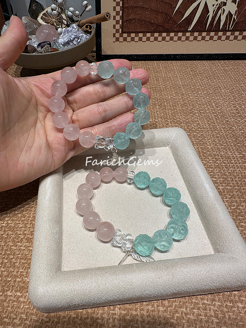 Green Fluorite Rose Quartz Clear Quartz Beaded Crystal Bracelet 13mm