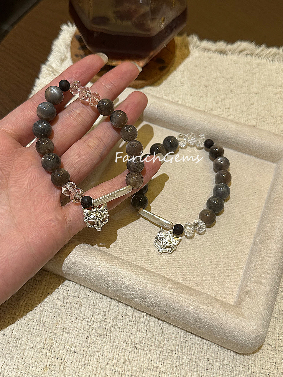 Black Gold Sunstone Lakawood Clear Quartz Beaded Crystal Bracelet 10mm