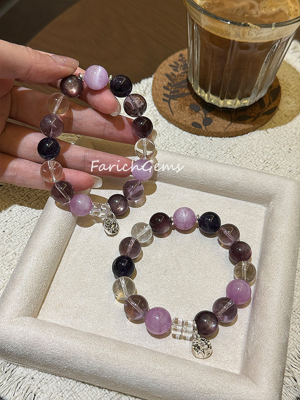 Purple Lepidolite Clear Quartz Amethyst Kunzite Beaded Crystal Bracelet 11+12mm