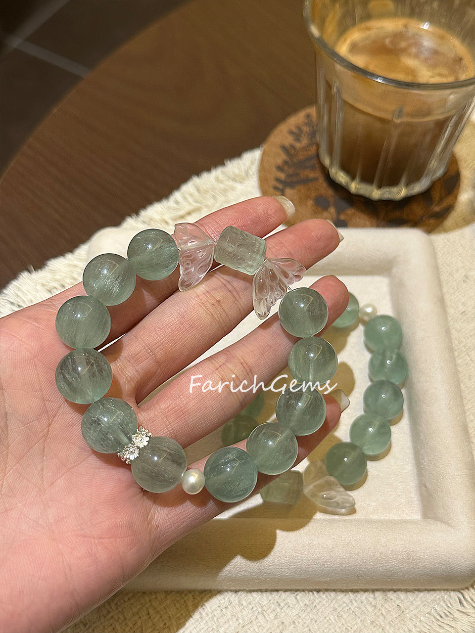 Green Fluorite Clear Quartz Pearl Beaded Crystal Bracelet 14mm
