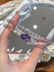 Double Wrap Bolivia Amethyst Clear Azeztulite Quartz Beaded Crystal Bracelet 6+10mm