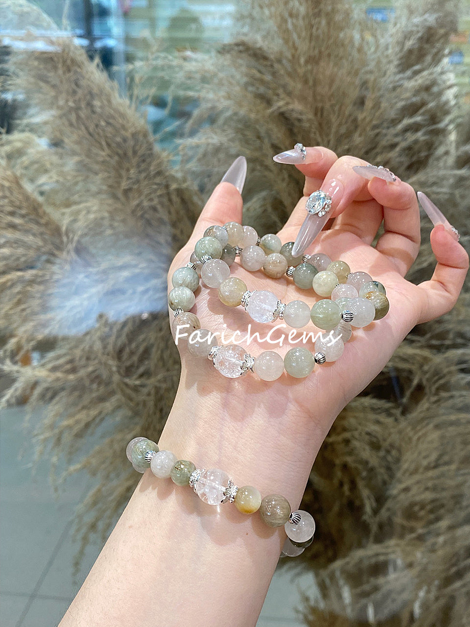 Green Rutilated Quartz Clear Azeztulite Quartz White Rutilated Quartz Beaded Crystal Bracelet 10+9mm
