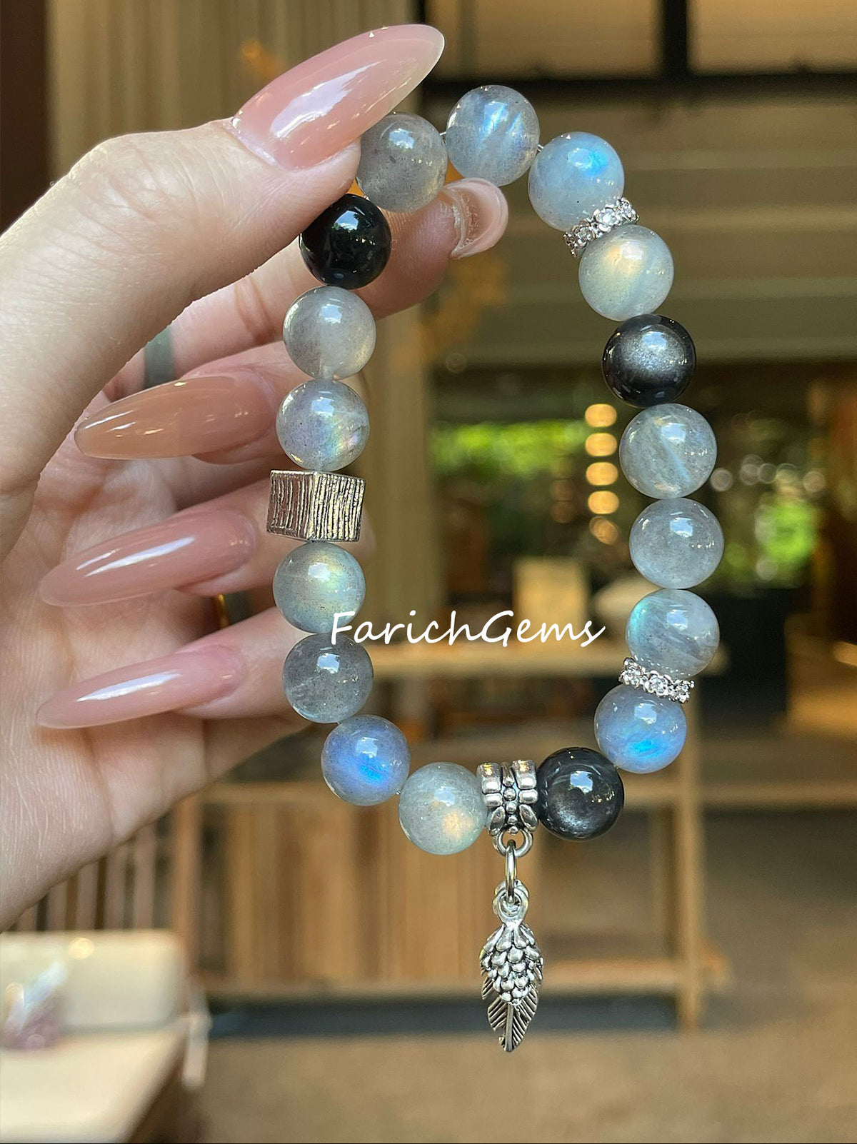 Gray Moonstone Silver Obsidian Beaded Crystal Bracelet 10mm