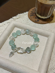 Green Fluorite Clear Quartz Azeztulite Quartz Beaded Crystal Bracelet 12-14mm
