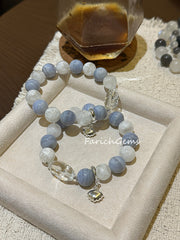 Blue Lace Agate White Snowflake Phantom Quartz Clear Quartz Beaded Crystal Bracelet 12mm