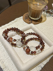 Double Wrap Fire Hematoid Quartz Clear Quartz Beaded Crystal Bracelet 7+8+15mm