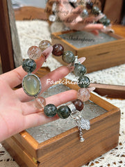Green Rutilated Quartz Black & Gold Super 7 Citrine Beaded Crystal Bracelet 12+14mm