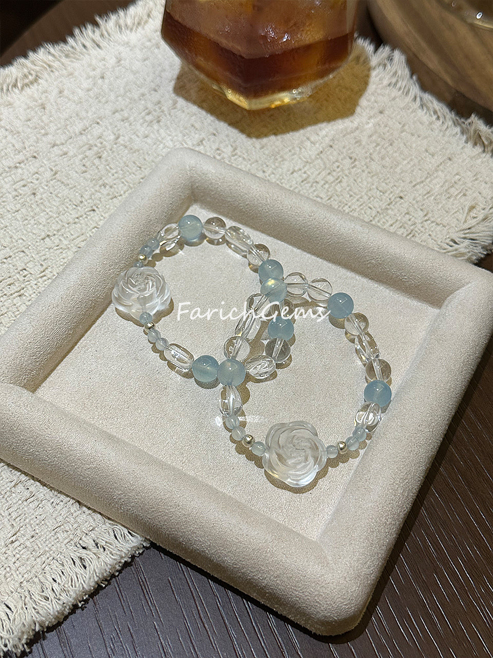 Clear Quartz Camellia Carving Aquamarine Beaded Crystal Bracelet 4+8mm