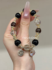 Ice+Black Obsidian Gray Agate Beaded Crystal Bracelet 10/12+10mm