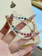 Double Wrap Rainbow Tourmaline Pearl Beaded Crystal Bracelet 4mm