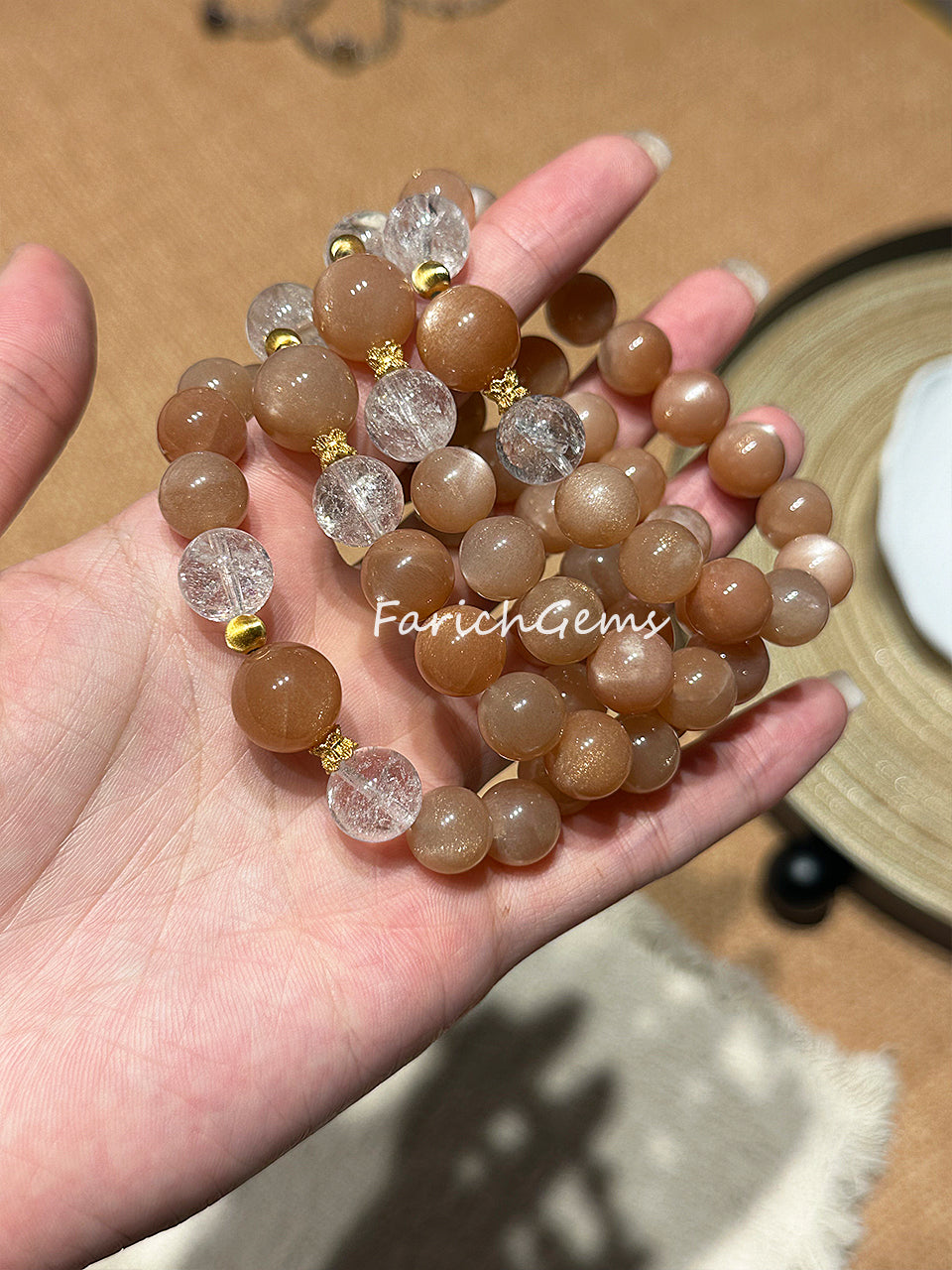Peach Moonstone Clear Azeztulite Quartz Beaded Crystal Bracelet 11+13mm
