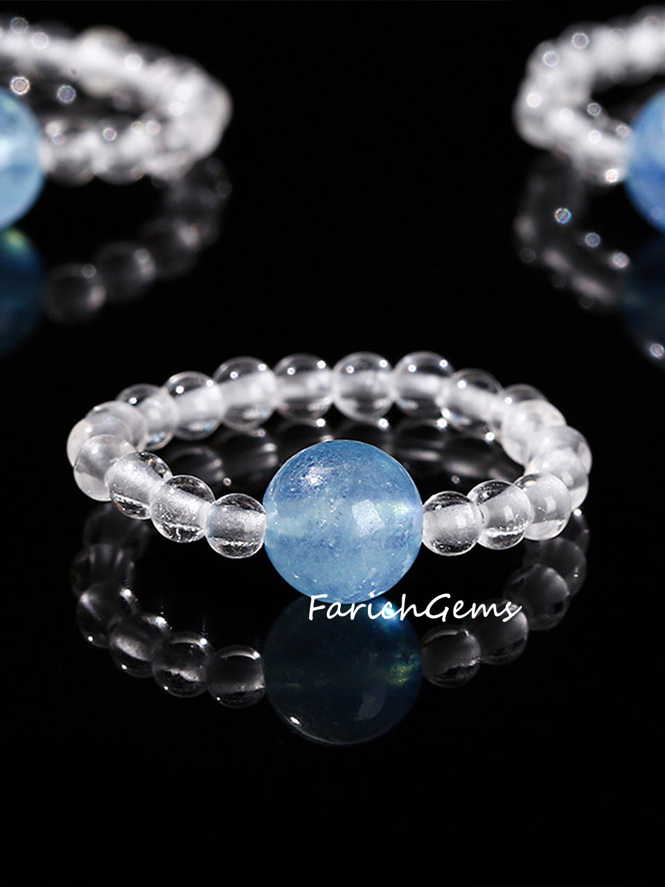 Aquamarine Clear Quartz Crystal Elastic Ring 3+6mm