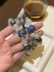 Double Wrap Blue Moonstone Labradorite Hawk's Eye Beaded Crystal Bracelet 7+12+14mm