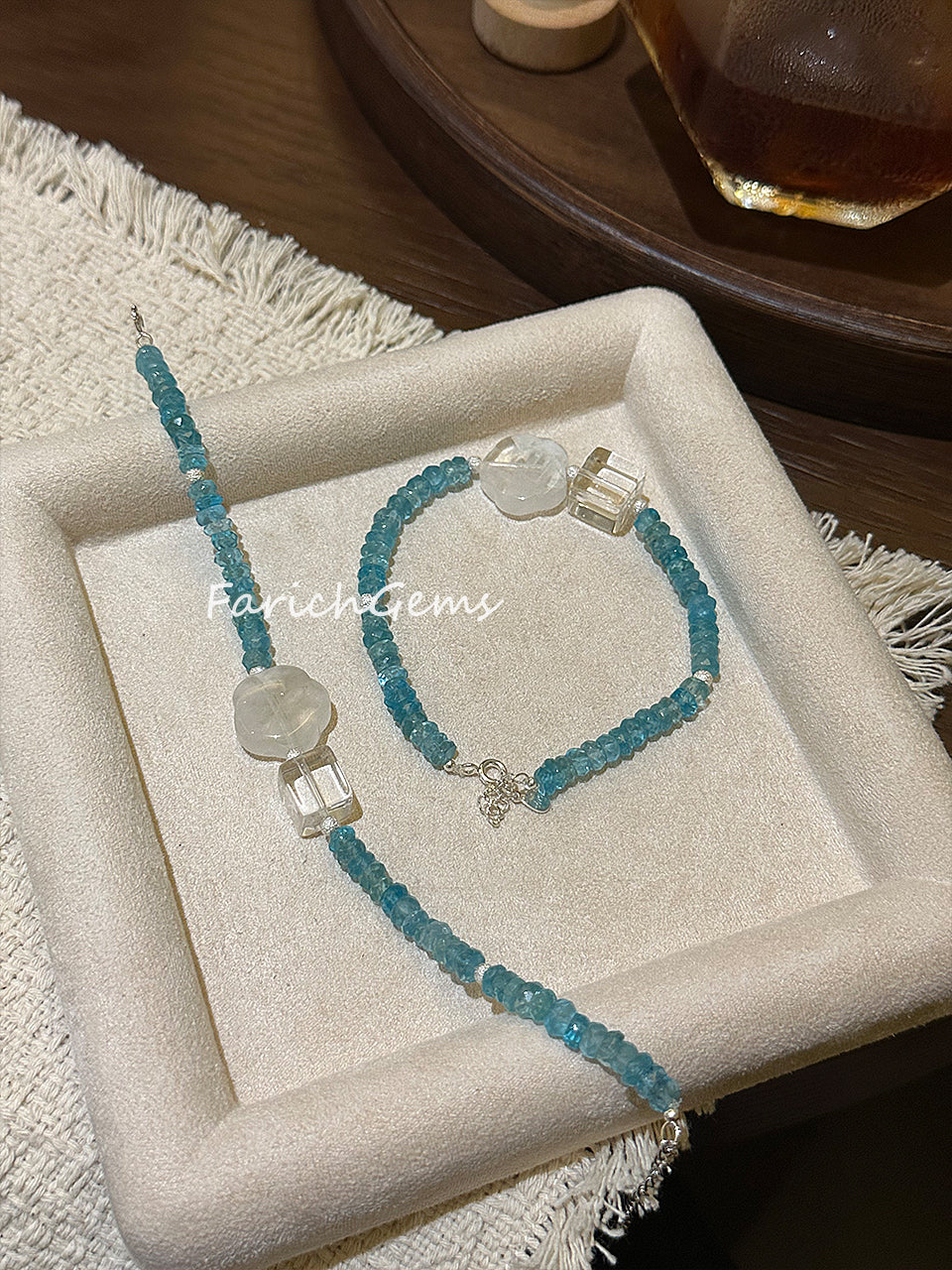 White Snowflake Phantom Quartz Blue Apatite Clear Quartz Beaded Crystal Bracelet