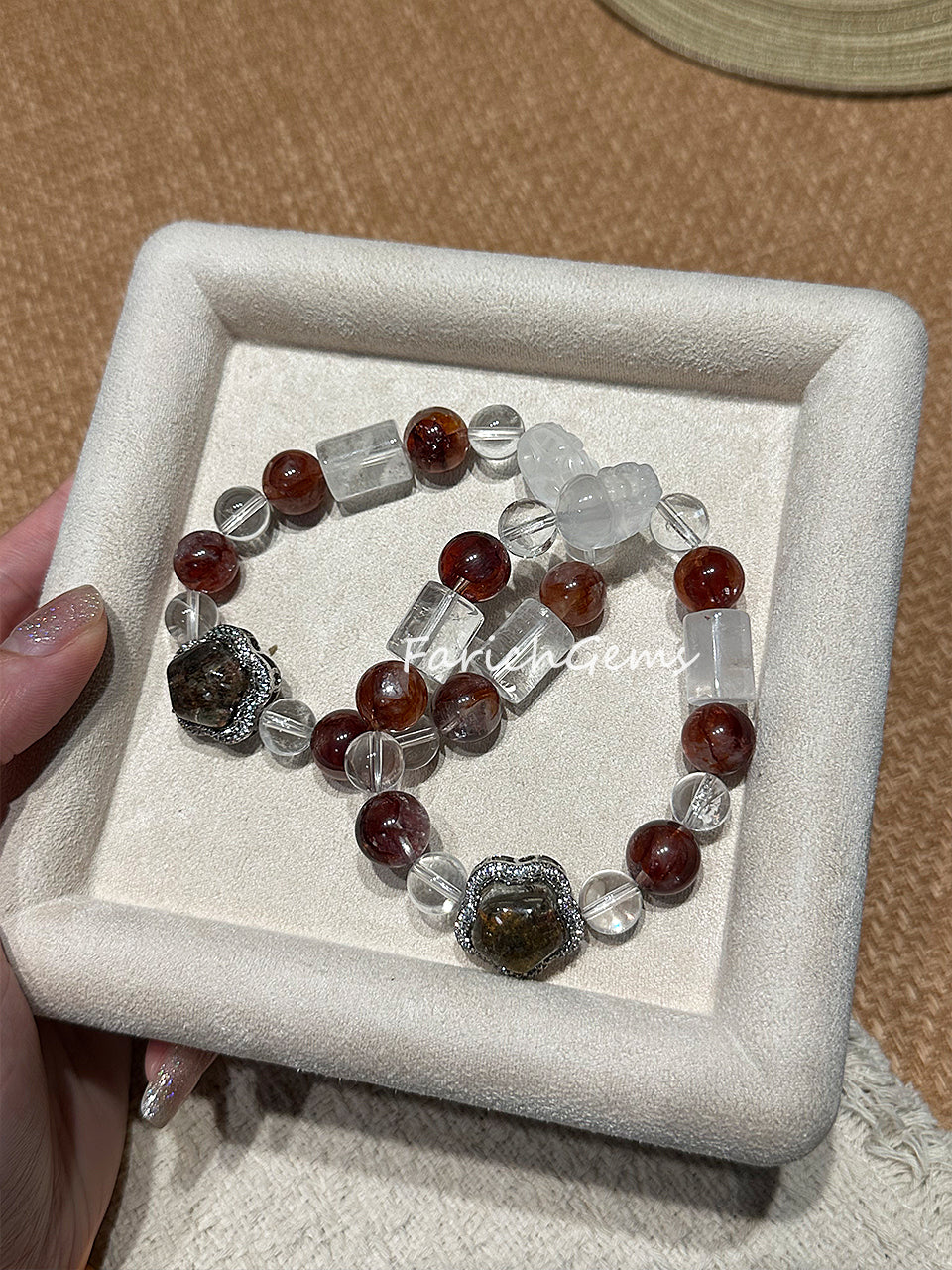 Red Hematoid Quartz Clear Quartz Beaded Crystal Bracelet 9+11mm