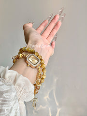 Double Wrap Tiger's Eye Stone Citrine Beaded Crystal Bracelet Watch 8-9mm