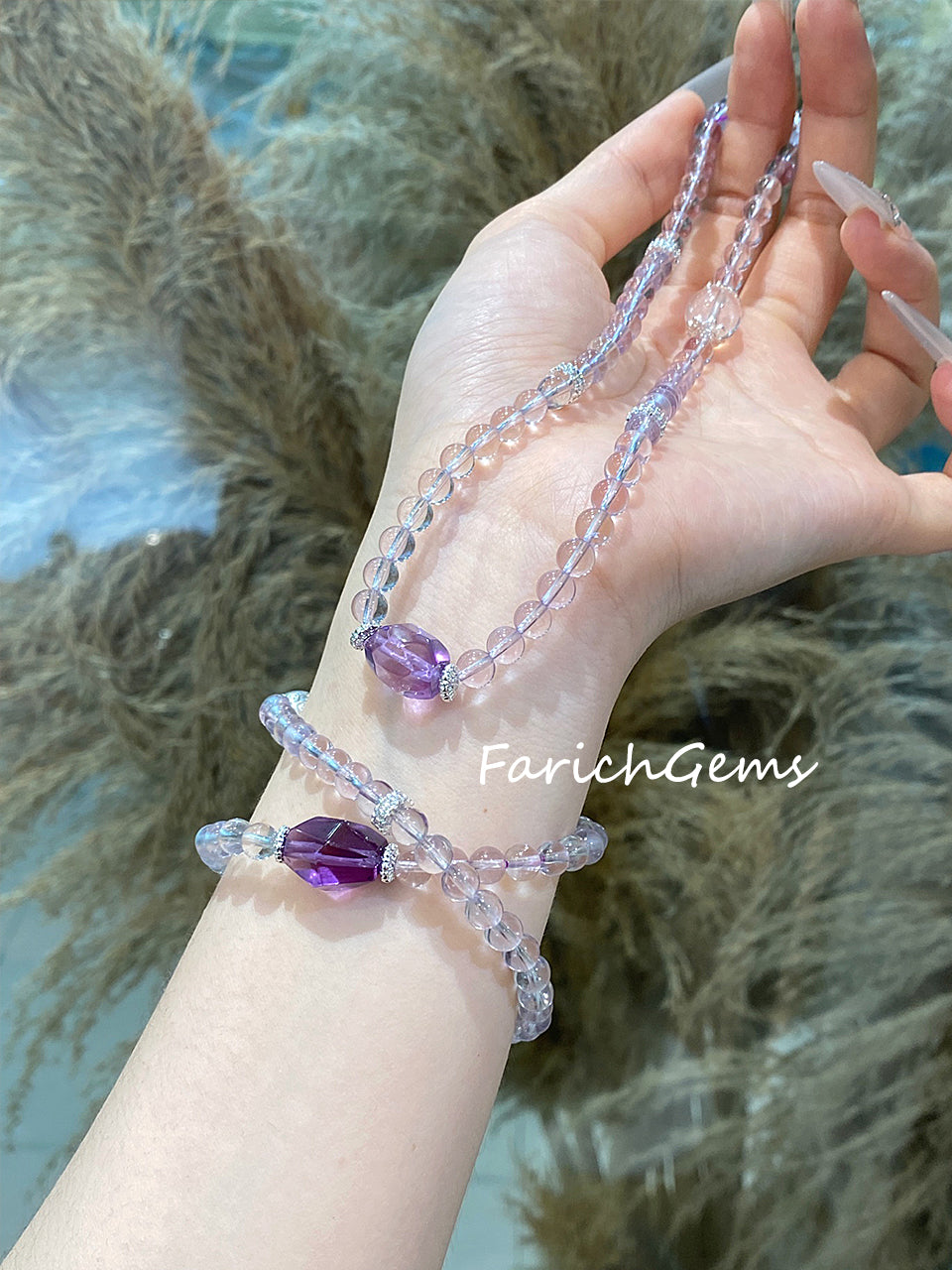 Double Wrap Bolivia Amethyst Clear Azeztulite Quartz Beaded Crystal Bracelet 6+10mm
