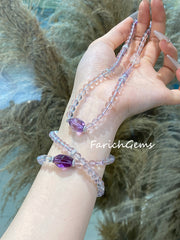 Double Wrap Bolivia Amethyst Clear Azeztulite Quartz Beaded Crystal Bracelet 6+10mm