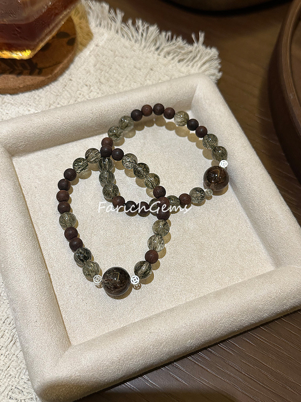 Black & Gold Super 7 Lakawood Green Rutilated Quartz Beaded Crystal Bracelet 8+12mm