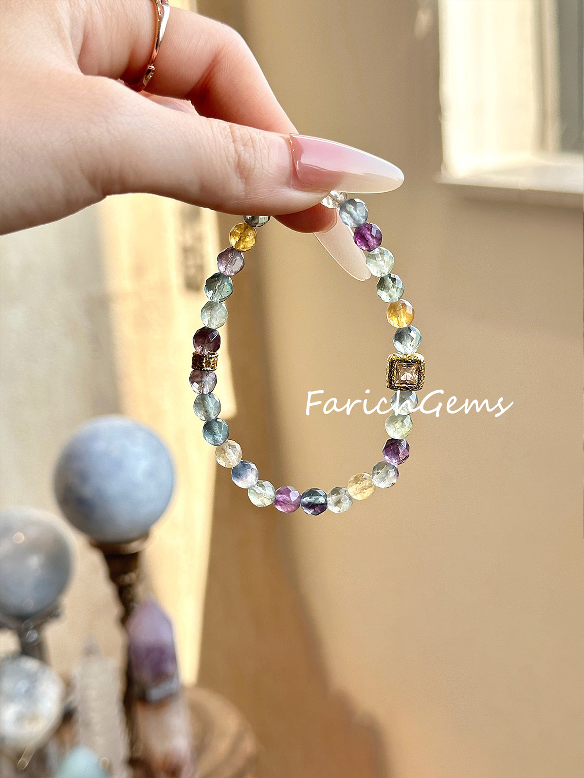 Natural Rainbow Fluorite Beaded Crystal Bracelet 6mm