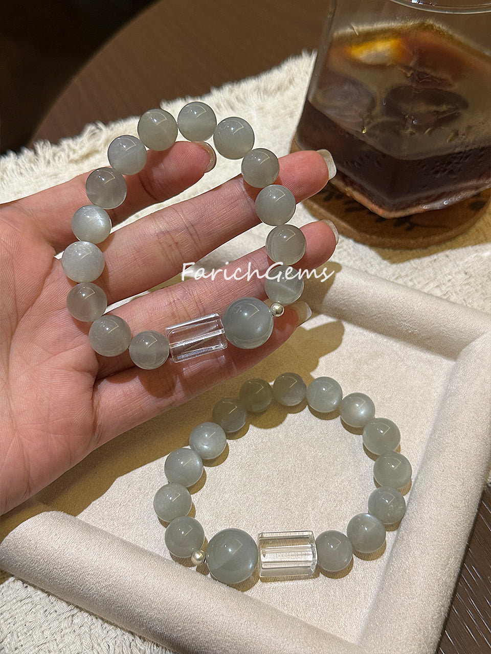 Silver Moonstone Clear Quartz Beaded Crystal Bracelet 11+14mm