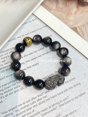 Pi Xiu Carving Silver Sheen Obsidian Beaded Crystal Bracelet 14mm