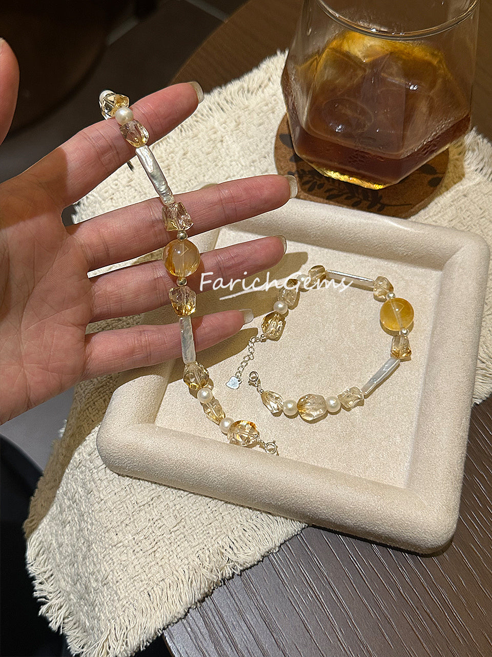 Yellow Hematoid Quartz Citrine Pearl Beaded Crystal Bracelet