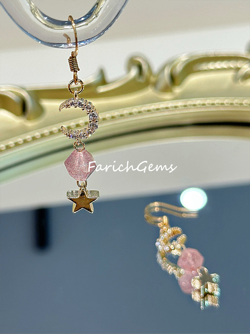 Strawberry Quartz Moon Star Shaped Copper Accessories Earring