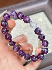 Purple Lepidolite Clear Azeztulite Quartz Beaded Crystal Bracelet 10mm