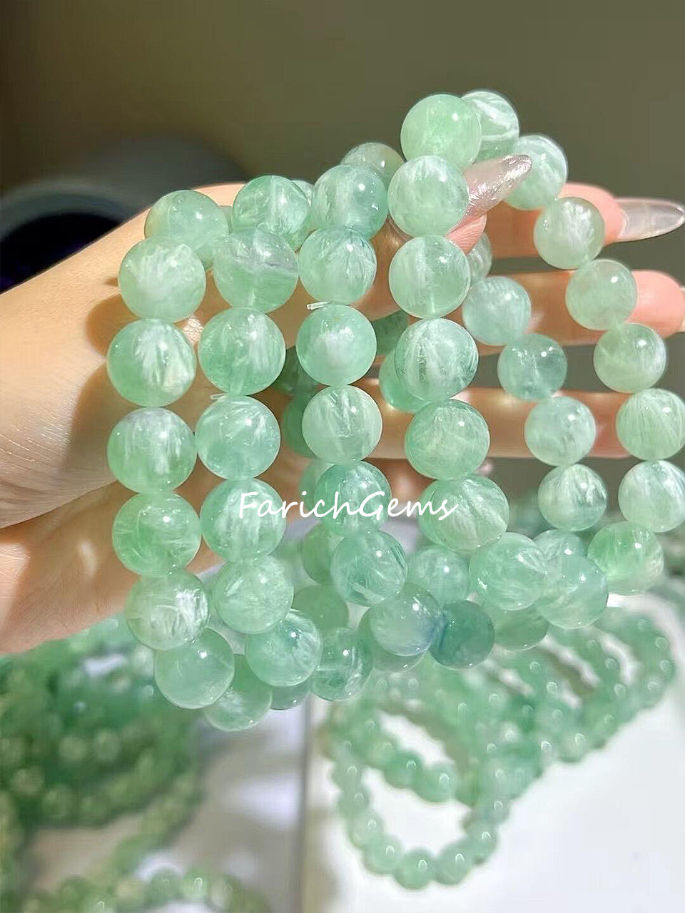Natural Green Feather Fluorite Beaded Crystal Bracelet, Snowflake Fluorite Bracelet