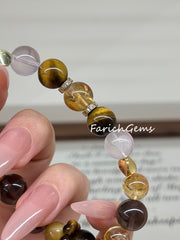 Golden Yellow Tiger's Eye Stone Citrine Rose Quartz Beaded Crystal Bracelet 8+10mm