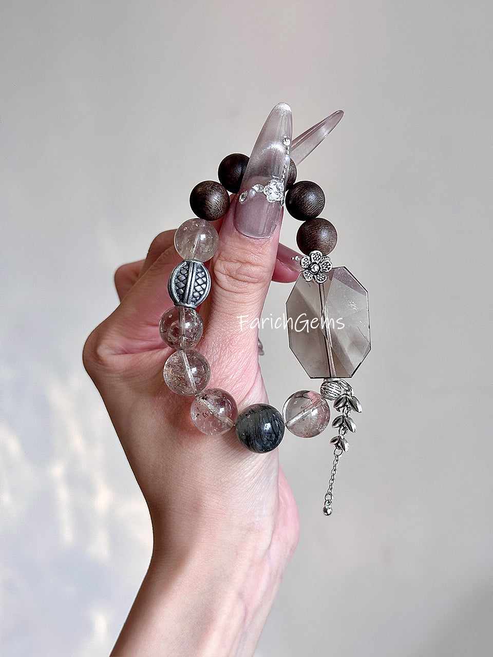 Agarwood Phantom Quartz Smoky Quartz Beaded Crystal Bracelet