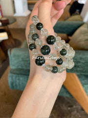 Ice-clear Green Rutilated Quartz Beaded Crystal Bracelet 8+11mm
