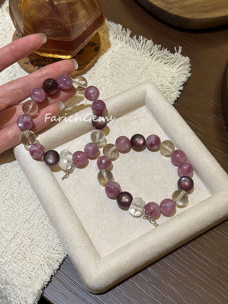 Purple Lepidolite Purple Mica Clear Quartz Beaded Crystal Bracelet 12mm