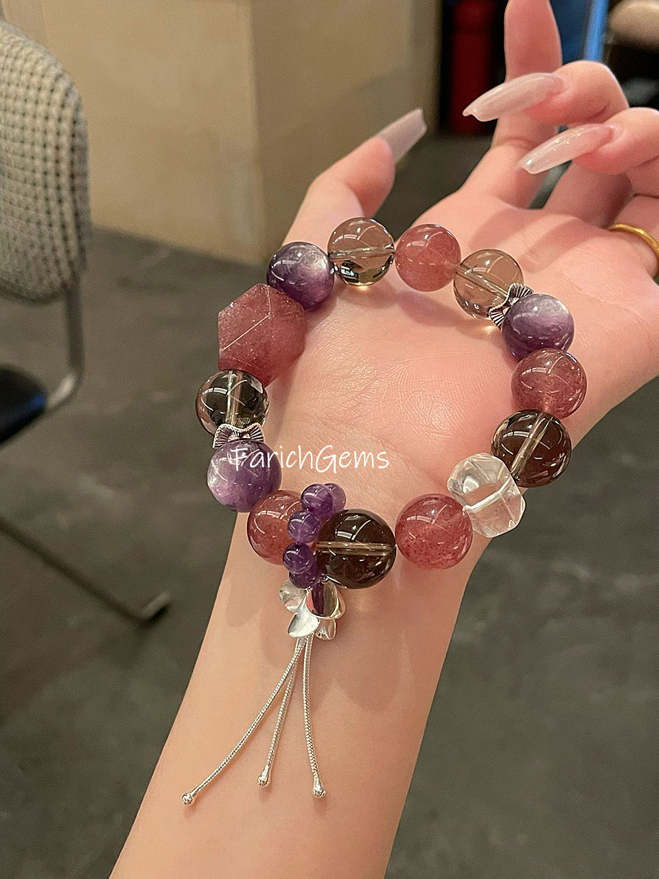 Strawberry Quartz Lepidolite Amethyst Smoky Quartz Clear Quartz Beaded Crystal Bracelet 14mm