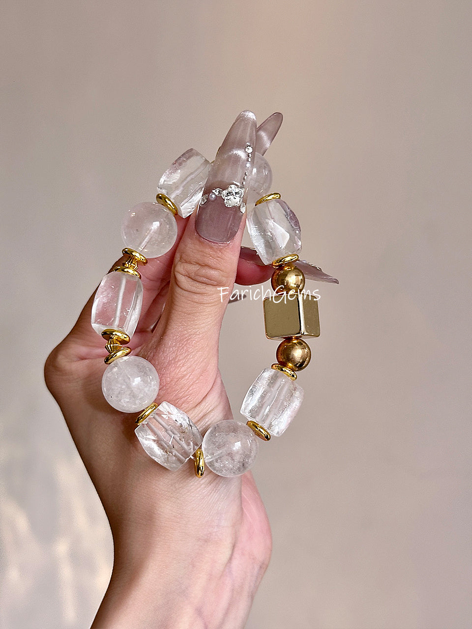 Clear Quartz White Phantom Quartz Beaded Crystal Bracelet 14/15mm